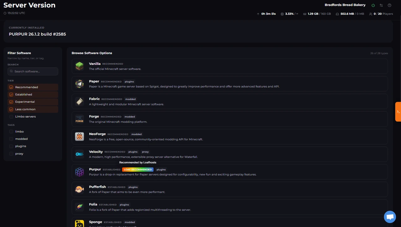 LPV5 panel tool to change a Minecraft server version and loader