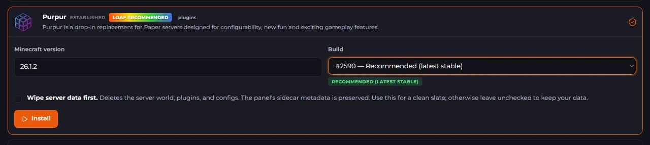 Selecting build type and version in the LPV5 Minecraft version changer