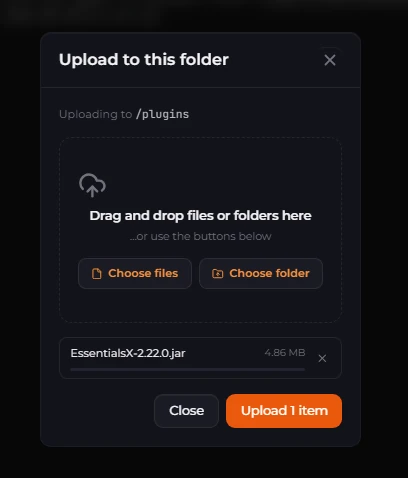 Uploading the EssentialsX jar to the plugins folder in the Loafhosts LPV5 panel