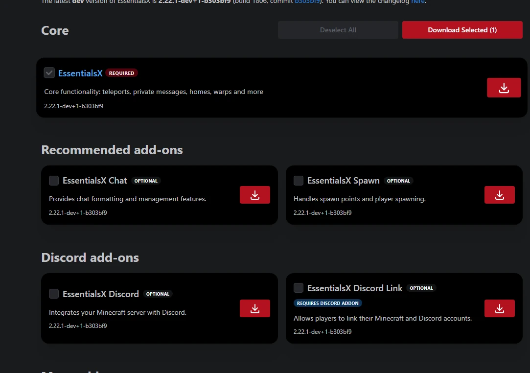 EssentialsX core plugin and modular add-on jars on the official downloads page
