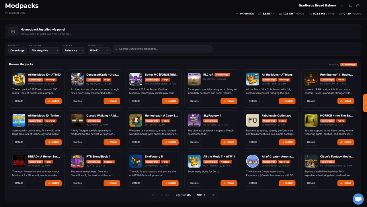 LPV5 panel tool to install a Minecraft modpack from CurseForge or Modrinth