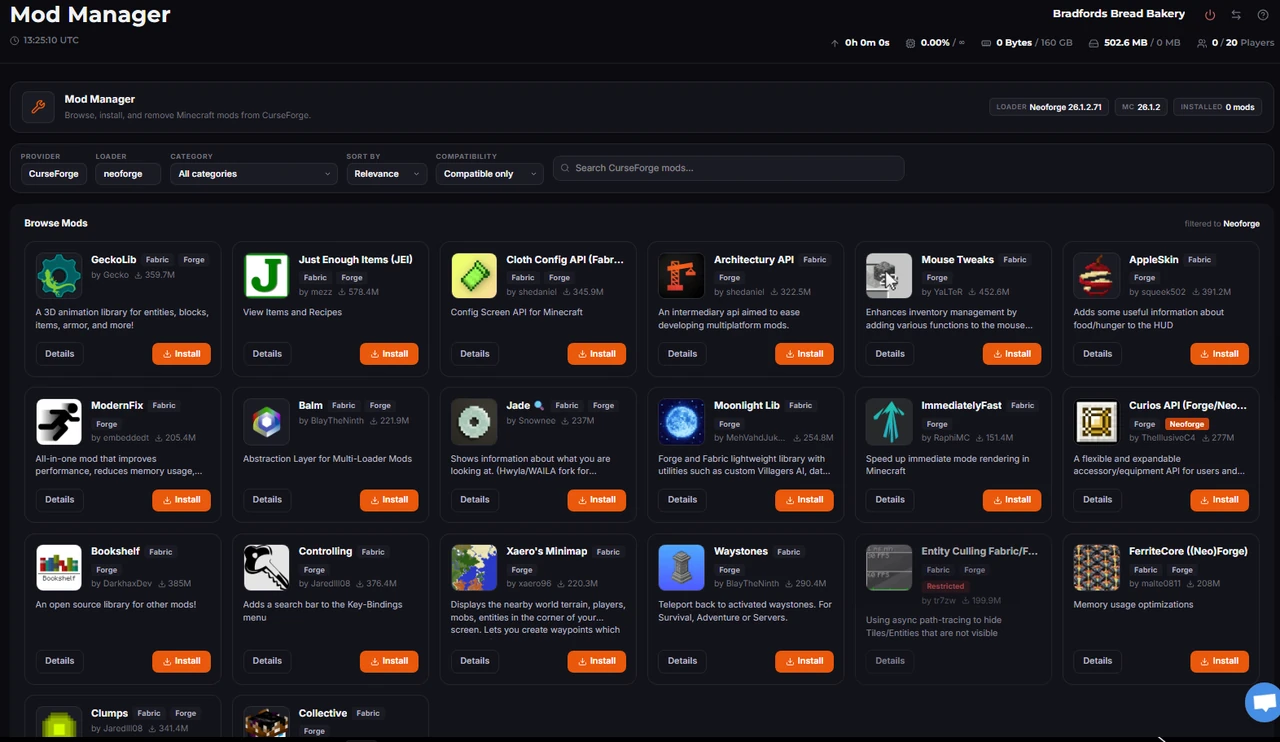 LPV5 mods manager used to install Minecraft mods on a Forge or Fabric server