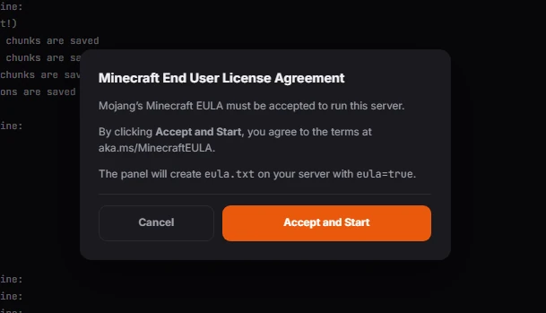 Accepting the Minecraft EULA in the LPV5 panel EULA Helper