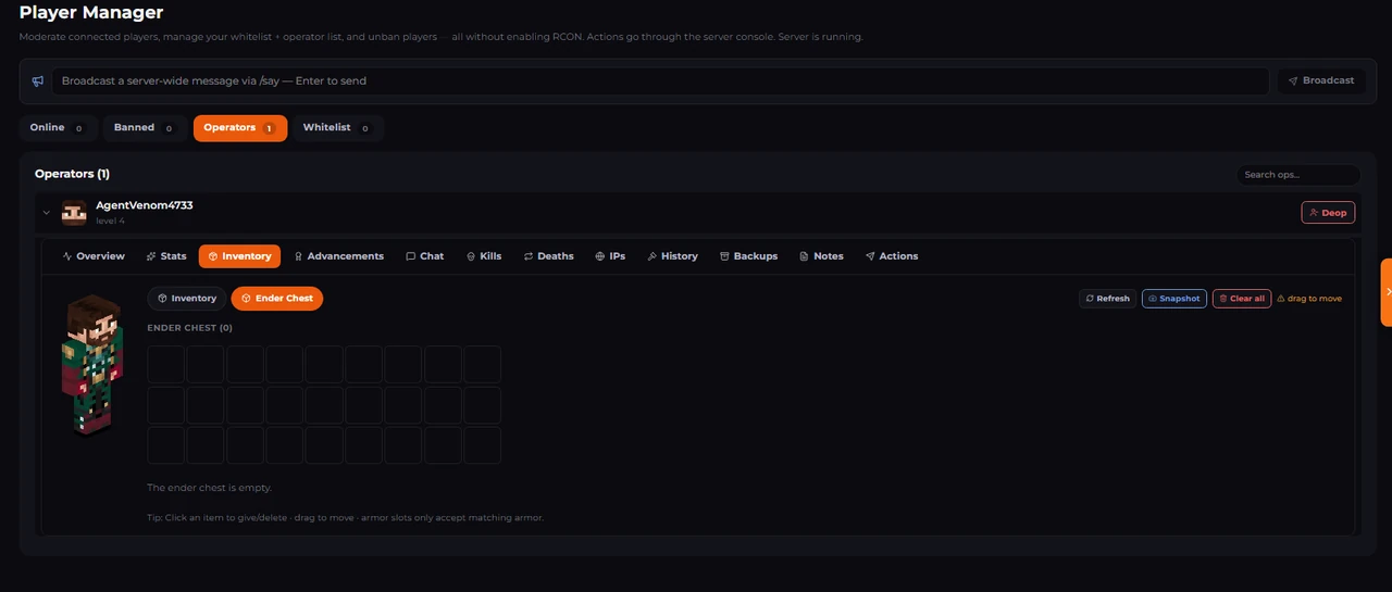 Minecraft player manager in the LPV5 panel showing online players, whitelist and bans