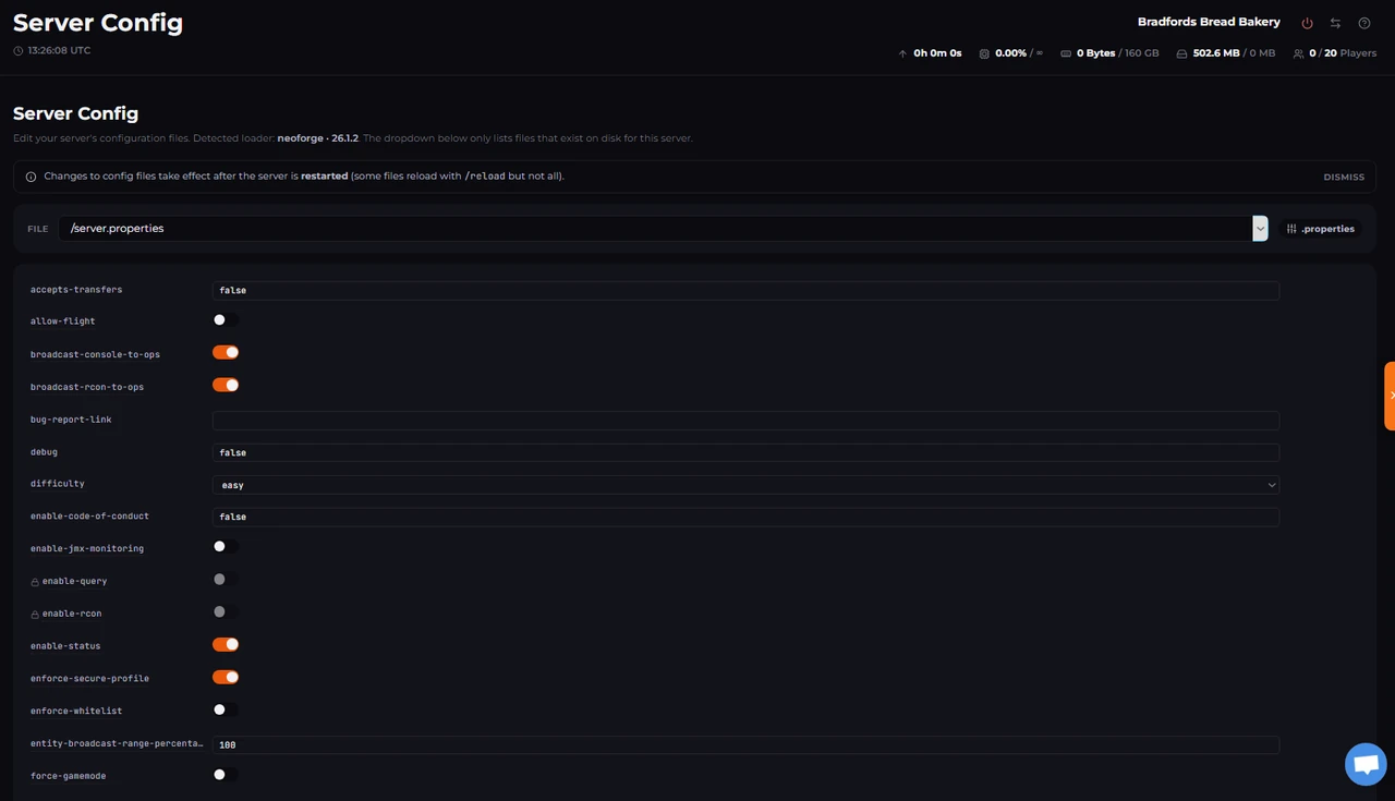Editing server.properties in the Minecraft config editor inside the LPV5 panel