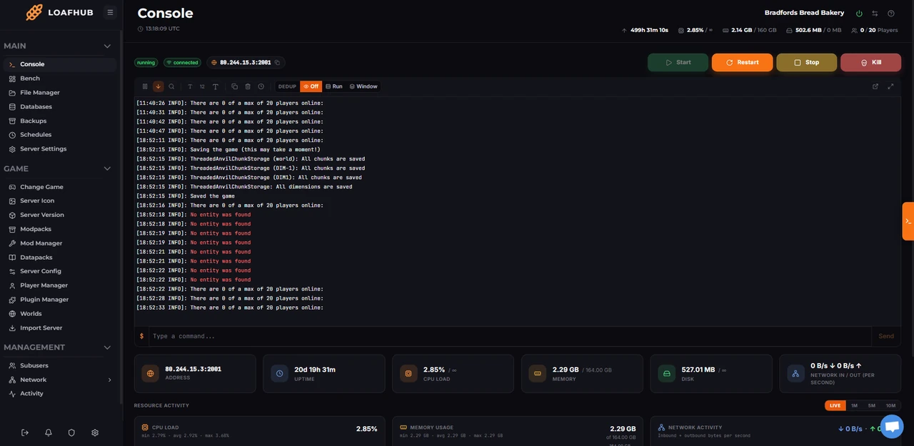 Minecraft server hosting on Loafhosts shown in the LPV5 panel