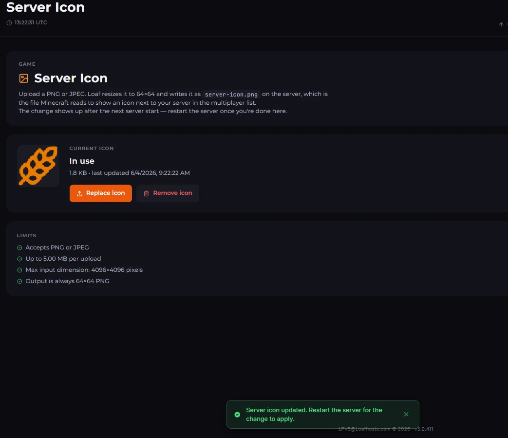 Uploading a custom Minecraft server icon in the LPV5 panel
