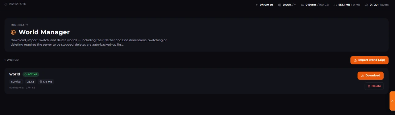 Minecraft world manager in the LPV5 panel for uploading and switching worlds