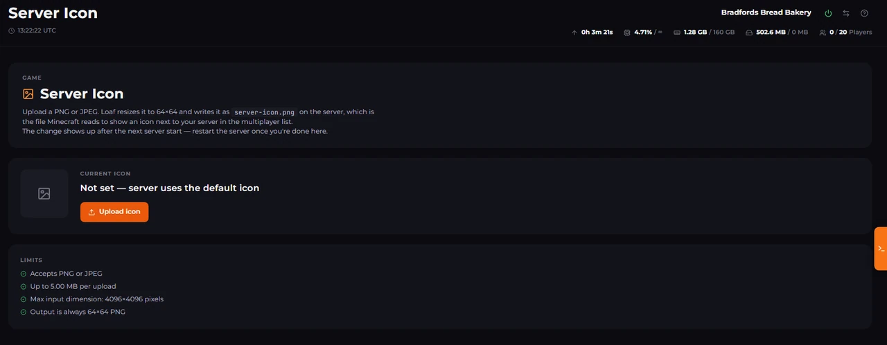 Uploading a custom Minecraft server icon in the LPV5 panel